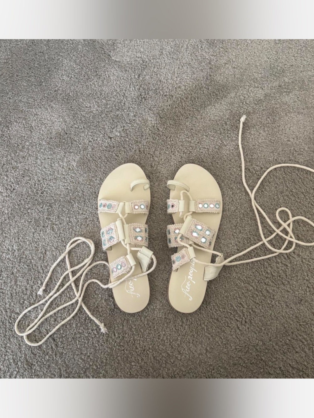 Free People Beige Embellished Lace-Up Sandals